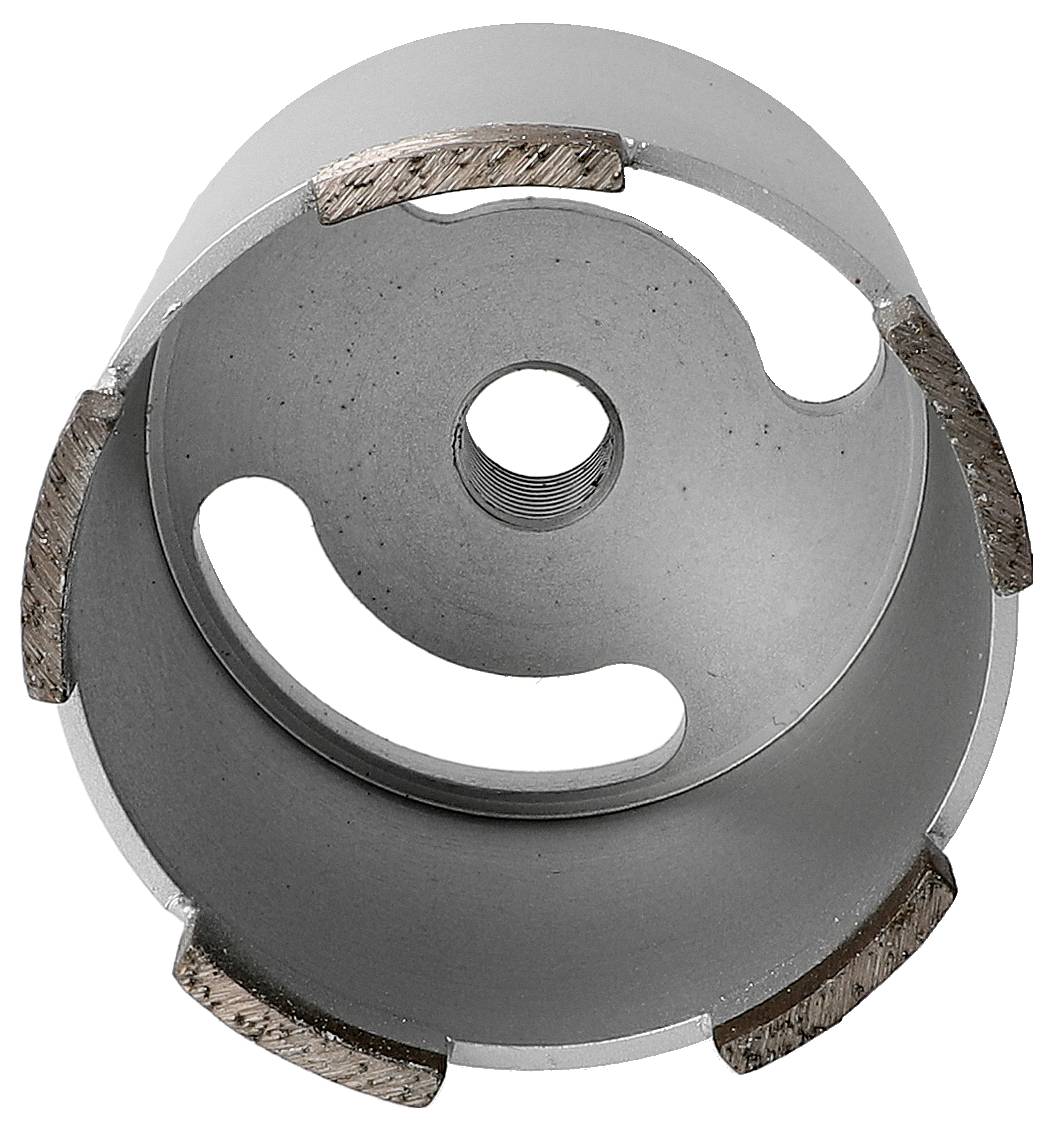 Meule de rectification circulaire en métal avec quatre bords abrasifs segmentés et un trou central filetté sur fond blanc