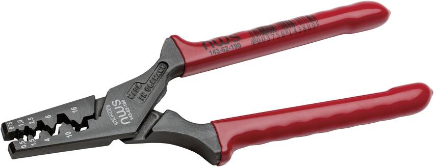 Une pince à dénuder rouge avec différentes ouvertures de coupe et de dénudage, adaptée aux fils de différentes tailles.