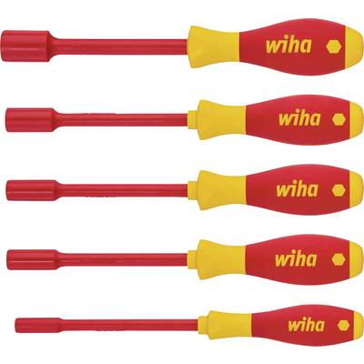 Cinq clés mâles Wiha de couleurs rouge et jaune, de différentes tailles, alignées côte à côte.