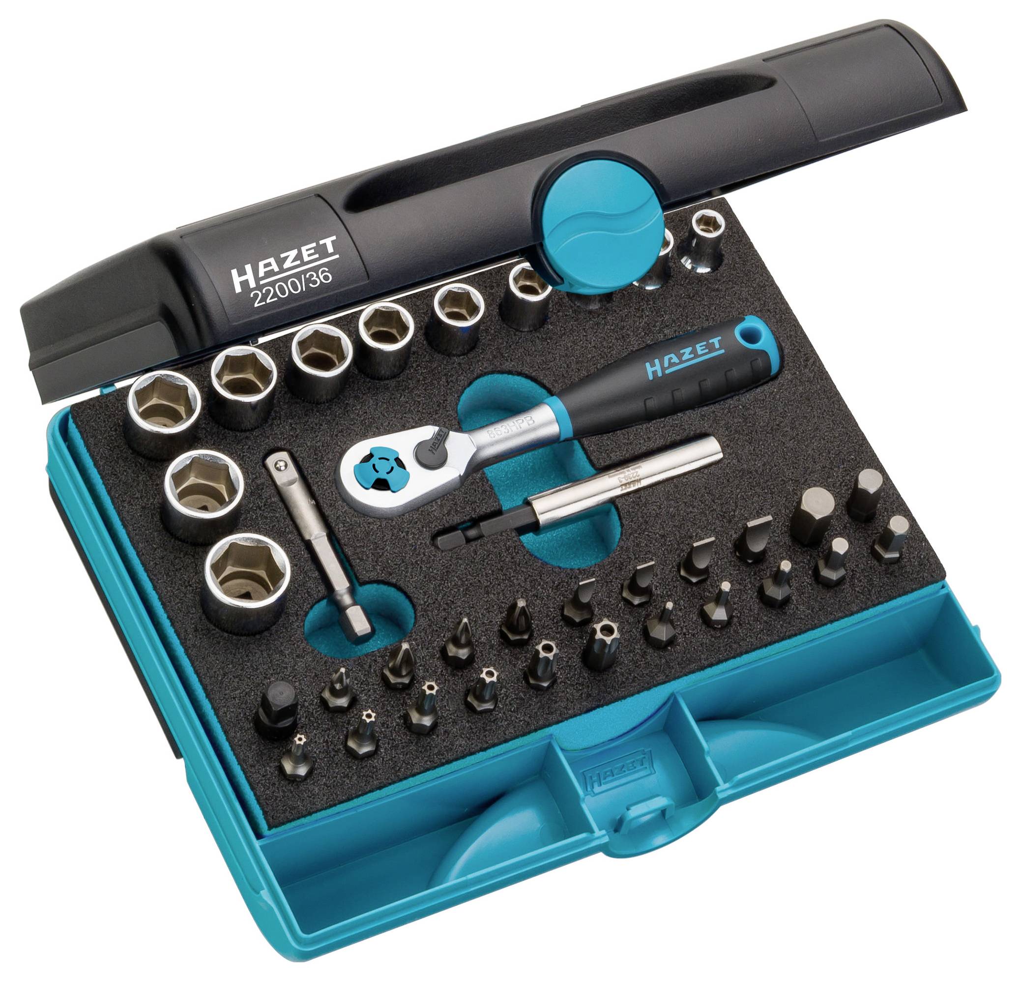 Ensemble d'outils comprenant des douilles, des tournevis et des embouts dans un boîtier bleu et noir. La poignée est étiquetée 'Hazet 2200/36'. Les outils sont soigneusement rangés.
