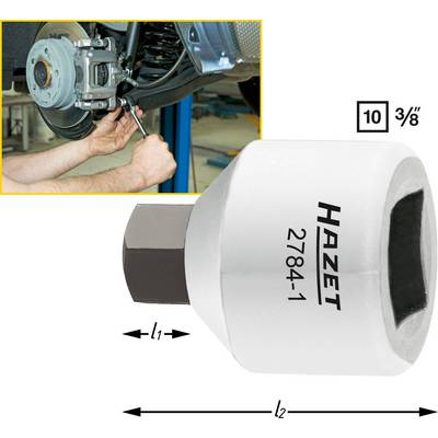 L'image montre une personne en train de monter une vis de purge de disque de frein et un adaptateur de clé dynamométrique Hazet avec des unités de mesure.