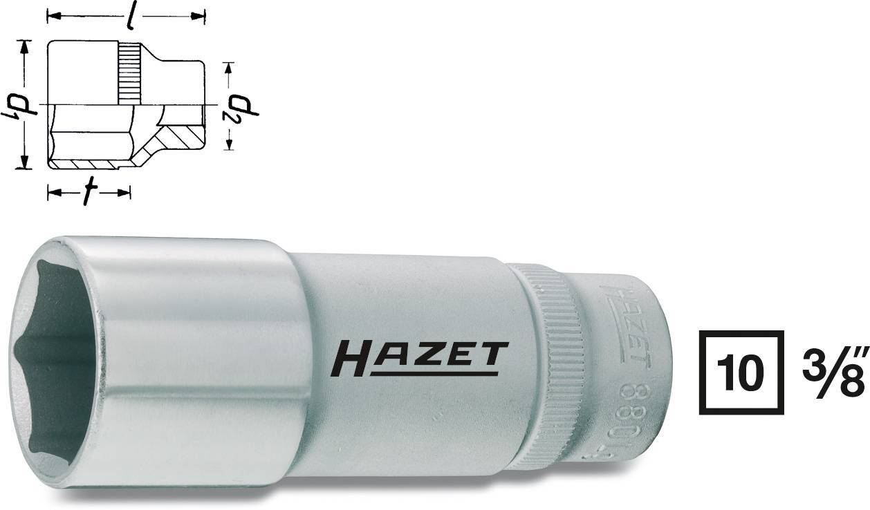 Douille à emboîtement Hazet, taille 10, entraînement 3/8 de pouce, avec un diagramme technique en haut à gauche, indiquant les dimensions et les détails.
