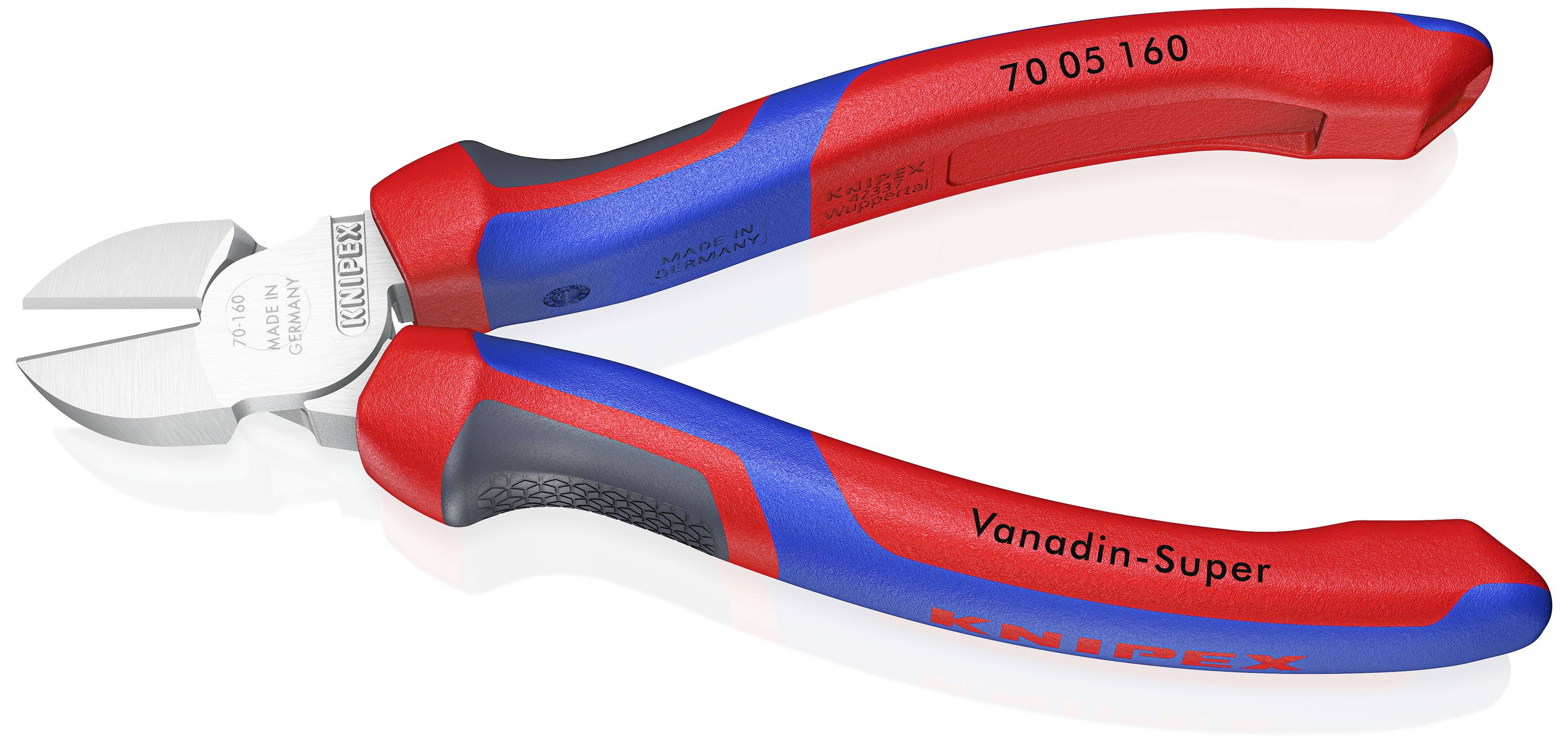 Sur l'image, on peut voir un coupe-côté rouge et bleu portant les inscriptions 'Knipex' et 'Vanadin-Super', adapté aux travaux de coupe précis.