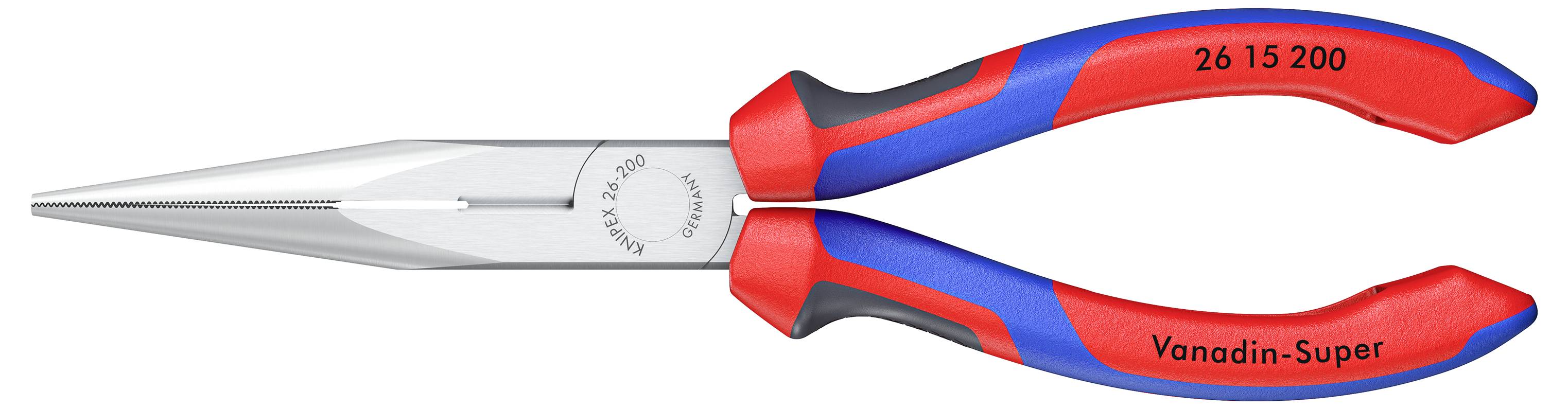Pinces à long bec avec poignées en caoutchouc rouge et bleu, portant l'étiquette « 26 15 200 » sur le manche et « Vanadin-Super » sur la tête.