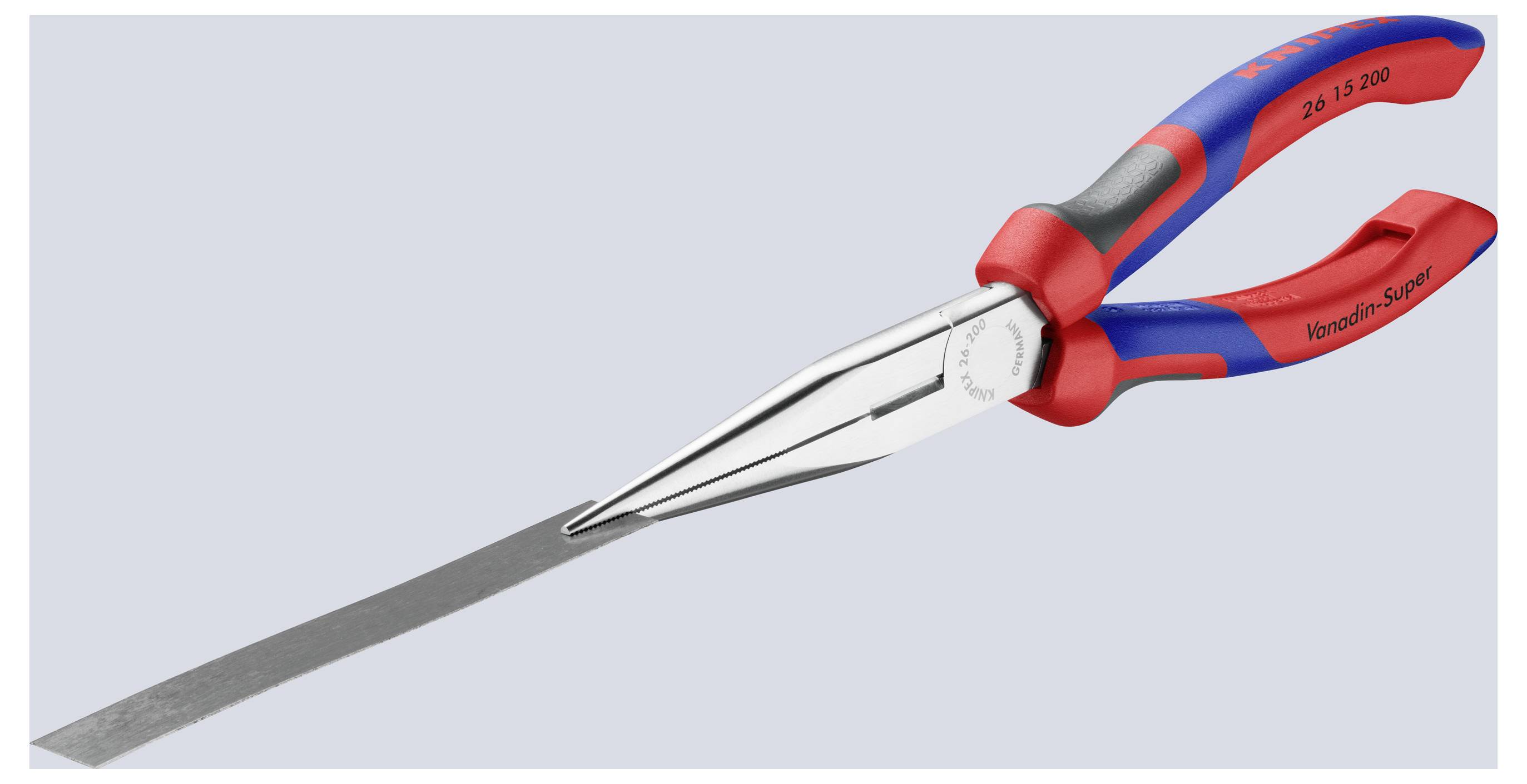 Pince à long bec avec poignées rouges et bleues, dotée d'une extrémité de préhension en métal effilée et de fortes prises en main, conçue pour les travaux de précision.