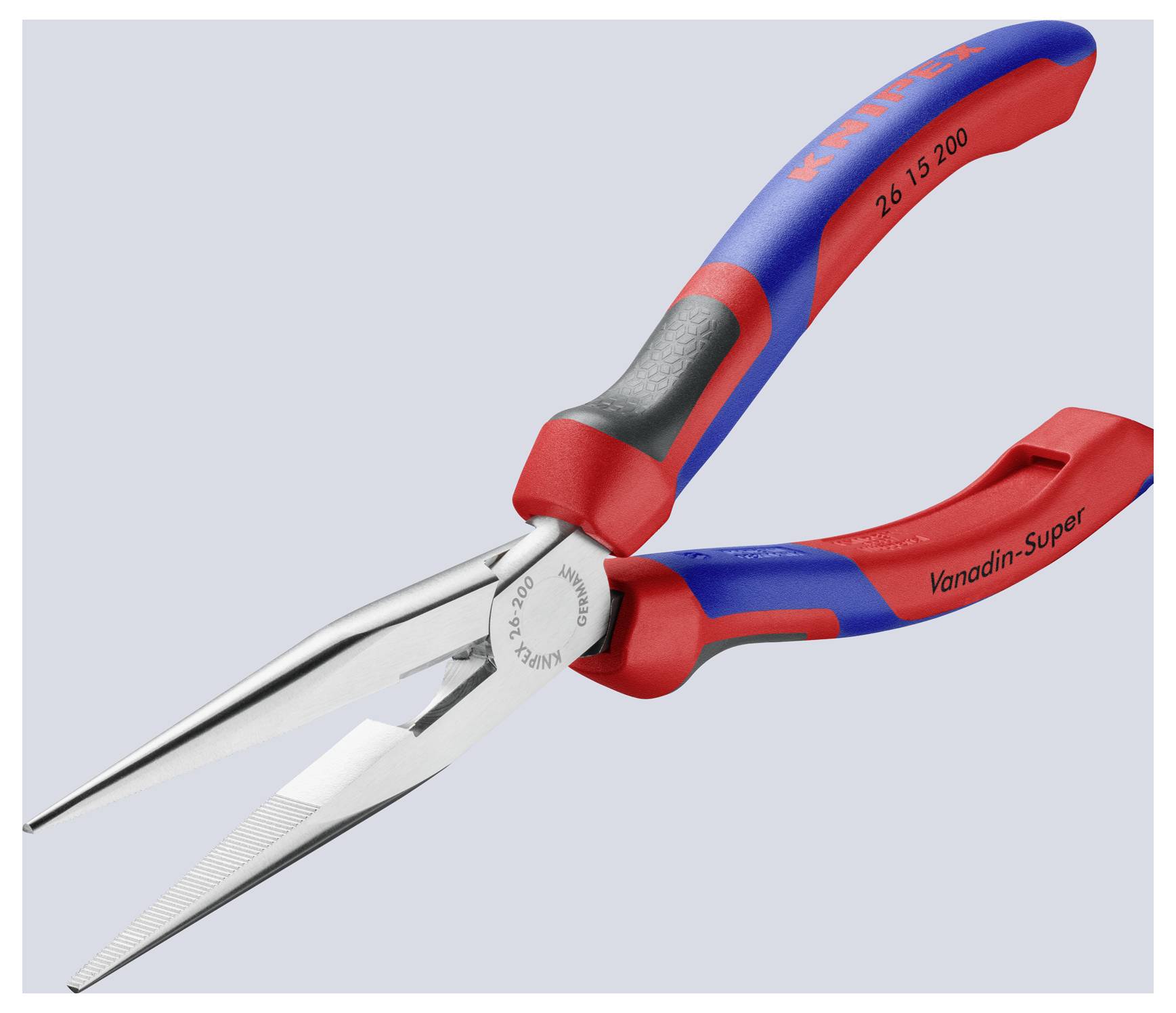 Pinces à long nez rouge et bleu avec « Knipex » et « Vanadin-Super » imprimés sur la poignée. Conçues pour une prise de précision et une coupe.