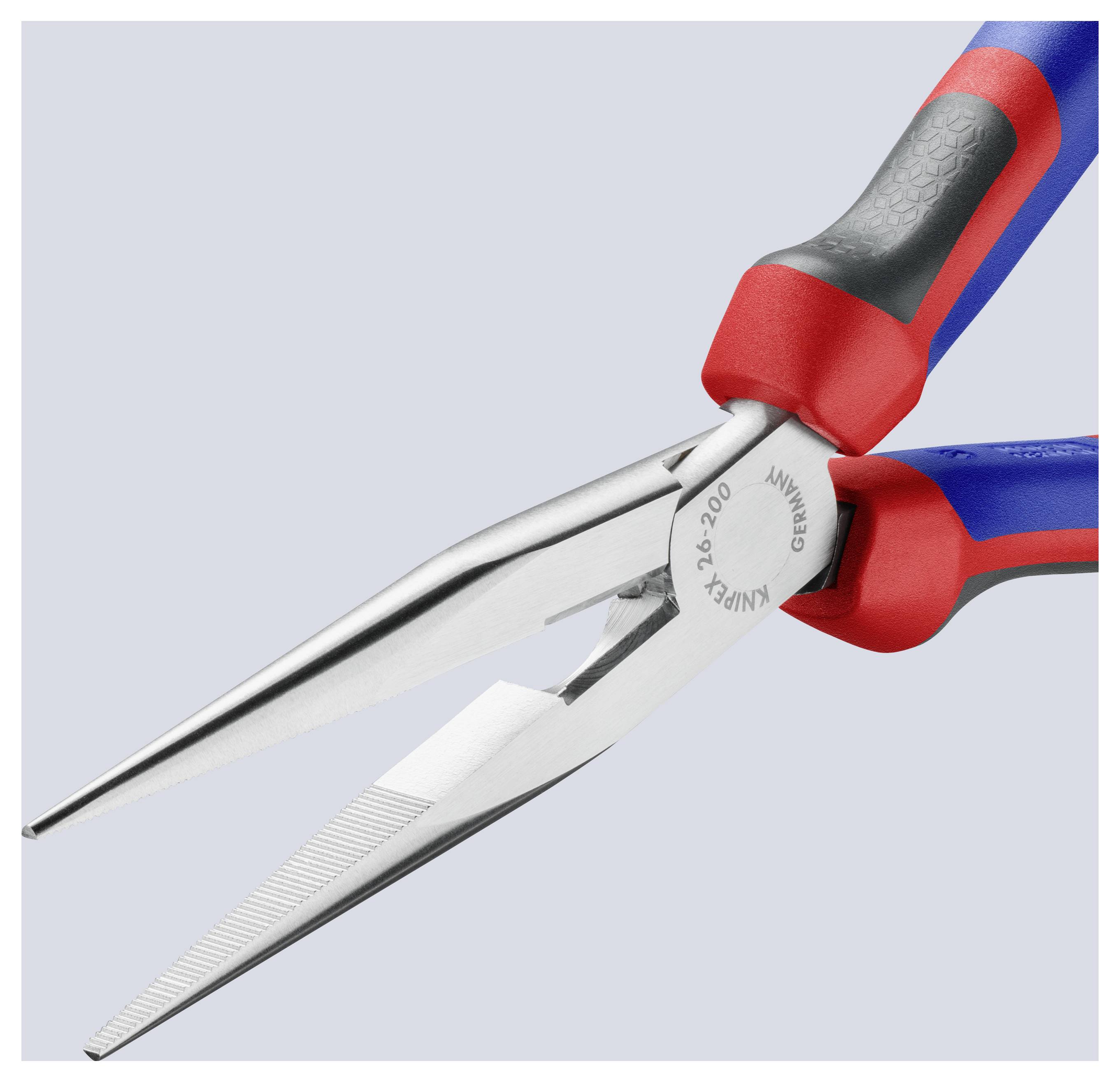 Une paire de pinces à long nez avec des poignées bleues et rouges, dotée d'une pointe dentelée pour saisir les petits objets ou plier le fil.