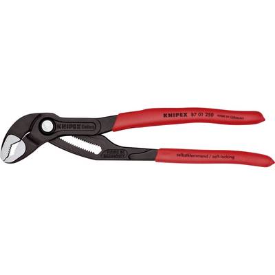 Pince multiprise Knipex rouge à fonction d'auto-serrage, avec marquage 'Made in Germany'. Adaptée aux travaux de plomberie ou de bricolage.