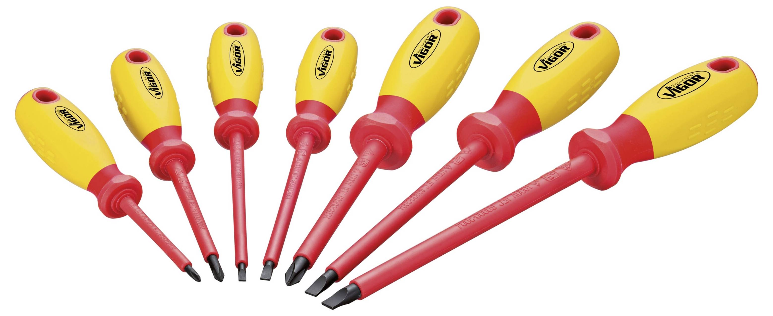 Un ensemble de sept tournevis avec des manches rouges et des poignées jaunes, disposés par taille croissante de gauche à droite.