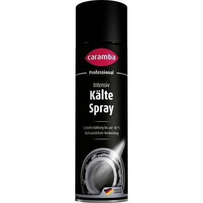 Bombe de spray aérosol noire étiquetée « caramba Professional Intensiv Kälte Spray » avec un graphique de bague de refroidissement et un texte en allemand publicitaire annonçant un refroidissement rapide à -40°C.