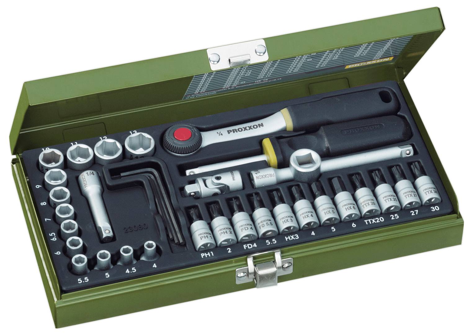 Une boîte à outils en métal vert contenant un ensemble de clés à douilles et d'embouts, disposés soigneusement. La boîte est ouverte, montrant différentes tailles d'outils.
