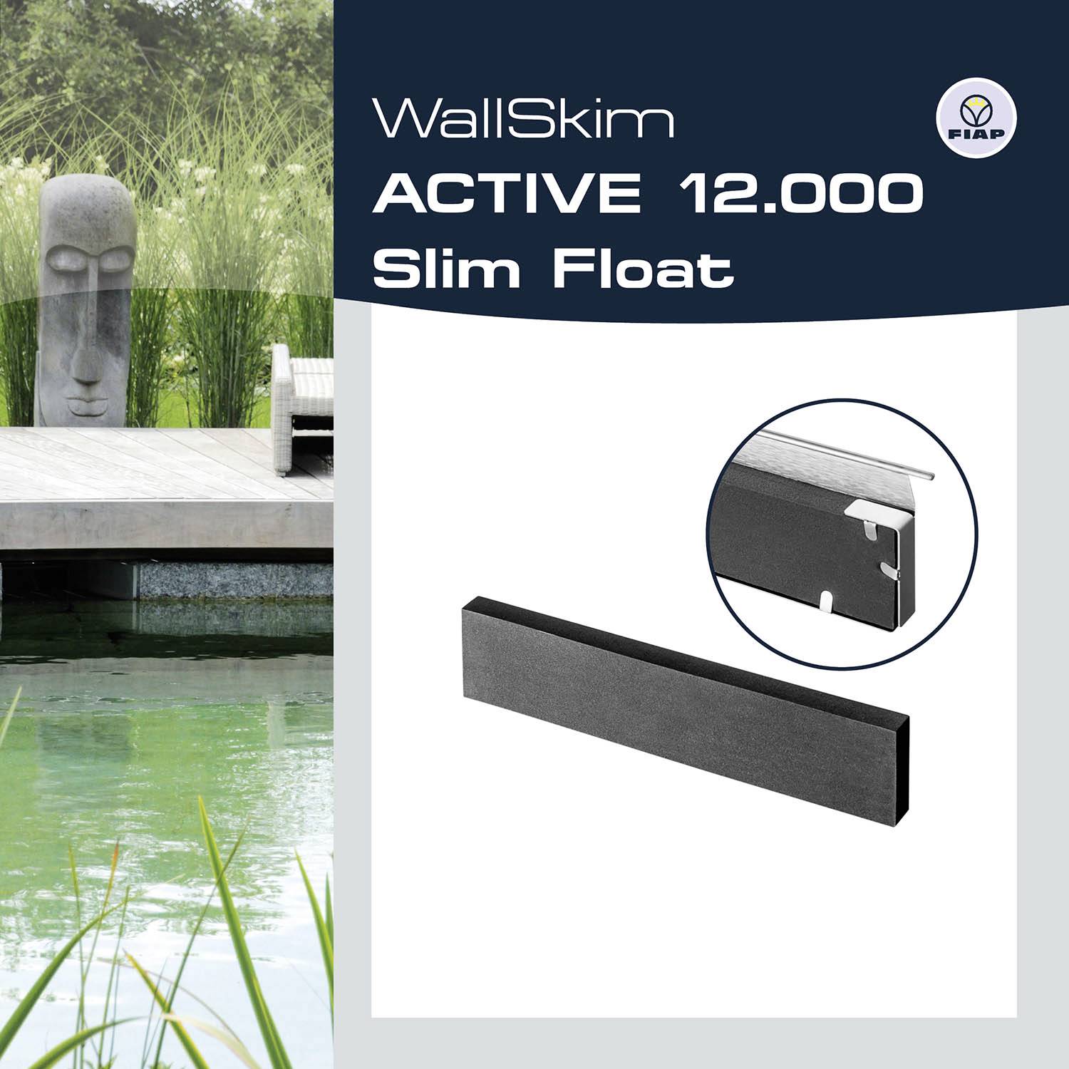 'WallSkim ACTIVE 12.000 Slim Float' publicité avec illustration du produit. Couverture grise à côté d'un jardin avec un étang et une statue.