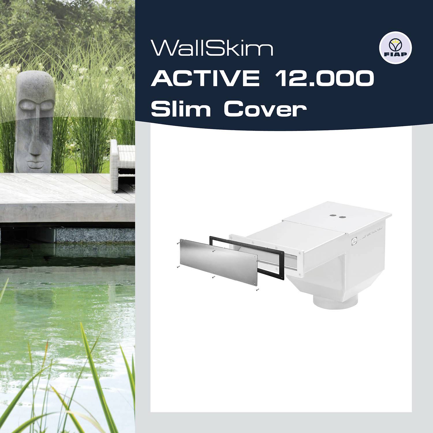 'WallSkim ACTIVE 12.000 Slim Cover' Couverture de pompe à chaleur de FIAP, représentée à côté d'un jardin avec un étang et une statue moderne.