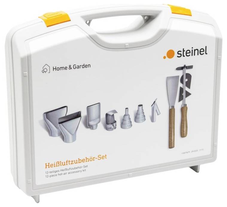 Un ensemble d'accessoires pour pistolet à air chaud de Steinel pour la maison et le jardin. La mallette contient 12 pièces d'accessoires, comprenant différentes buses et outils.