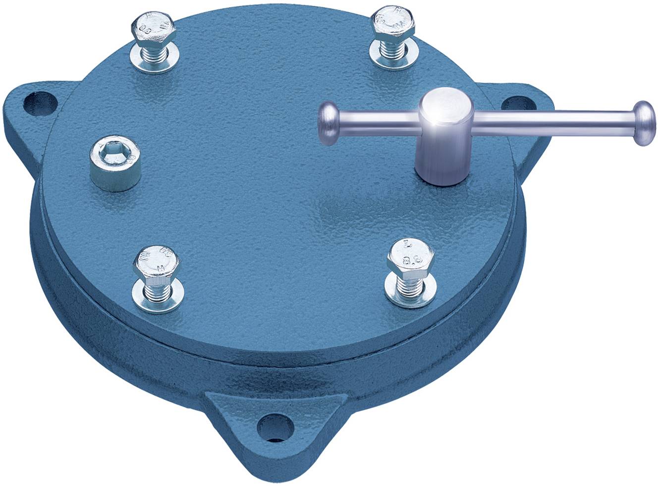 Valve métallique bleue, circulaire, avec une poignée de levier, montée sur une surface plane et entourée de cinq vis.