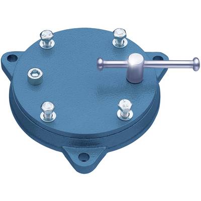 Valve métallique bleue, circulaire, avec une poignée de levier, montée sur une surface plane et entourée de cinq vis.