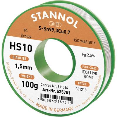 Rouleau de soudure 'Stannol', alliage S-Sn99,3Cu0,7, diamètre 1,5 mm, poids 100 g, classe de flux IEC61190 ROM1, fabriqué en Allemagne.