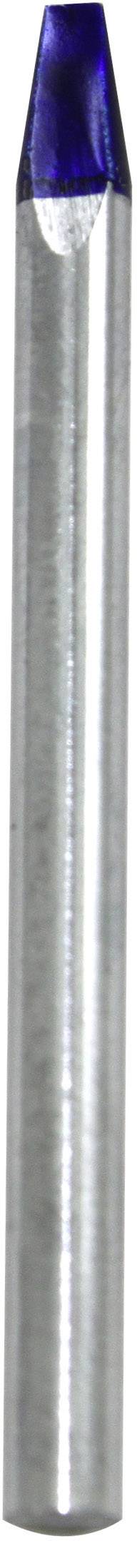 Un stylo à bille argenté avec un embout bleu.