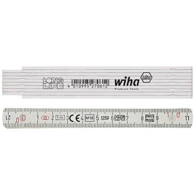 Règle pliante de la marque Wiha, 2 mètres, avec marquages en centimètres et millimètres. Contient les mentions 'LONG LIFE' et 'SWISS MADE'.
