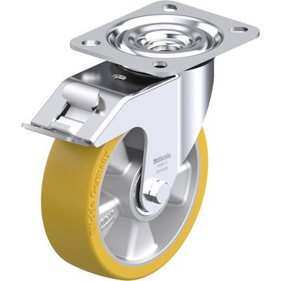 Roulette pivotante en métal avec roue en caoutchouc jaune, adaptée aux chariots de transport ou aux meubles. Équipée d'un frein pour un verrouillage sécurisé.