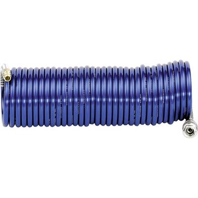 Tuyau bleu enroulé avec des raccords en laiton aux deux extrémités, présenté horizontalement sur un fond blanc.