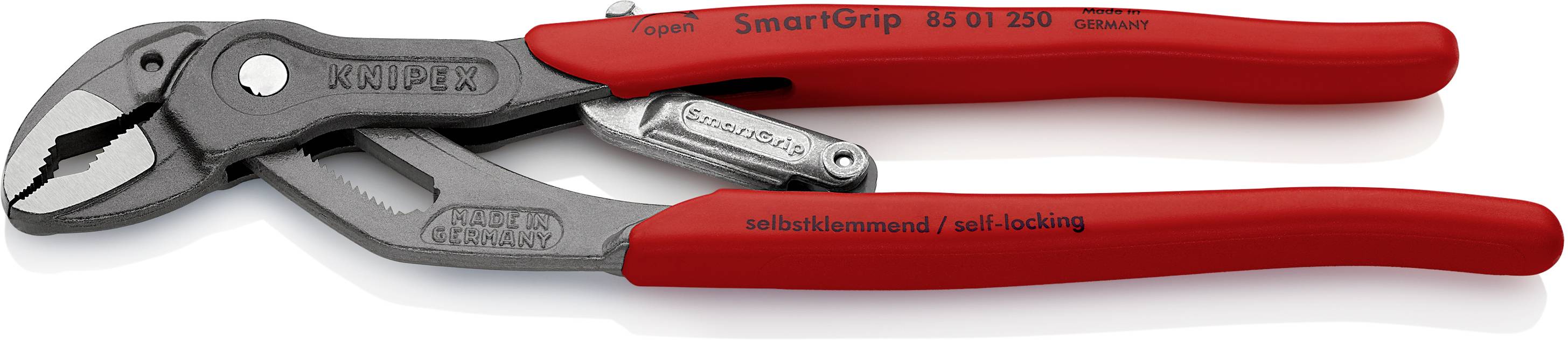 Une pince Knipex SmartGrip rouge est posée sur un fond blanc. Elle dispose d'un mécanisme d'ajustement automatique des mâchoires.