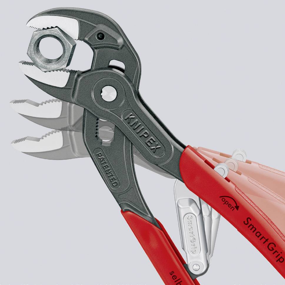 L'illustration montre une pince auto-serrante rouge Knipex à mâchoire réglable, adaptée aux tuyaux et aux écrous, sur un fond blanc.
