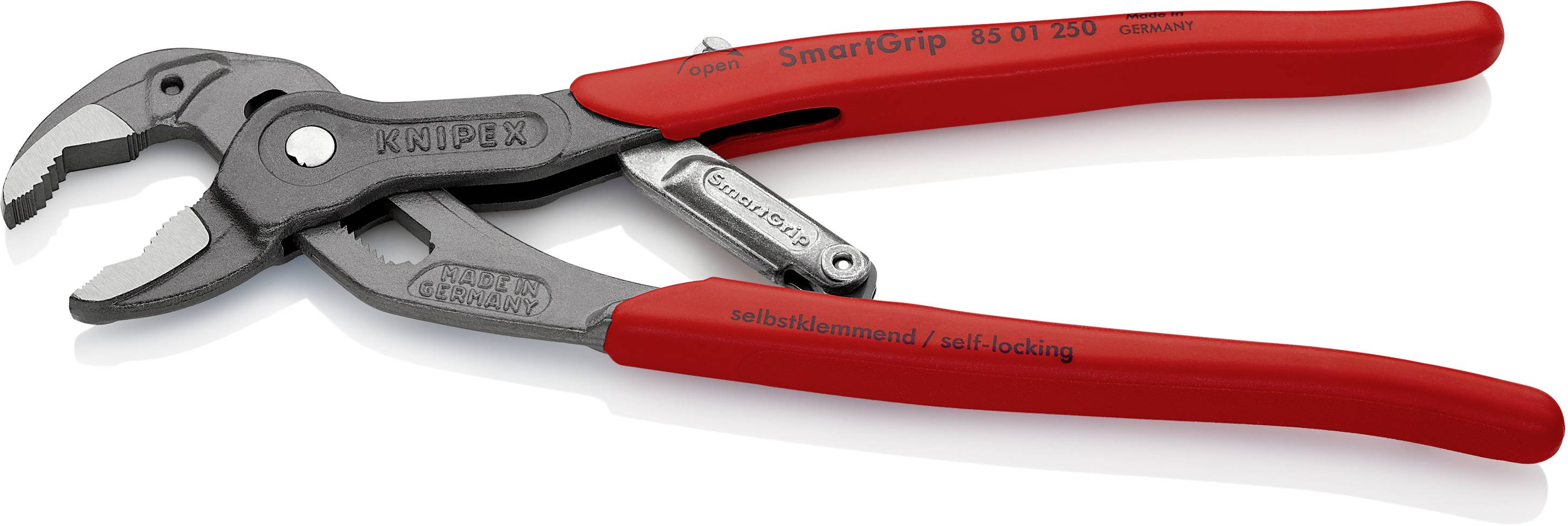 Une pince auto-serrante Knipex à poignée rouge et tête noire. Adaptée à divers travaux de vissage grâce à ses mâchoires ajustables.