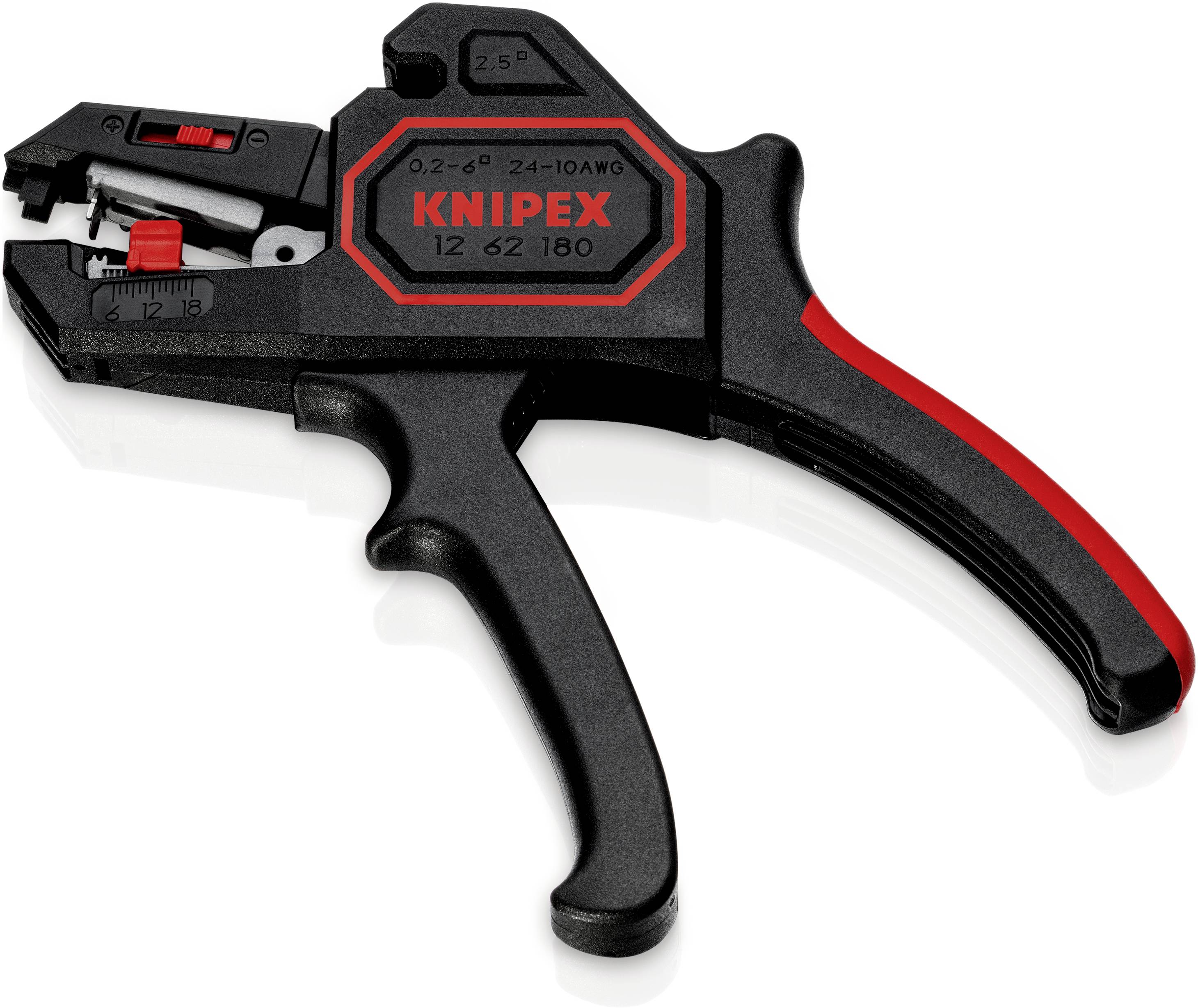 Pince à dénuder avec poignée antidérapante, adaptée pour des câbles de 0,2 à 6 mm², avec le logo rouge Knipex.