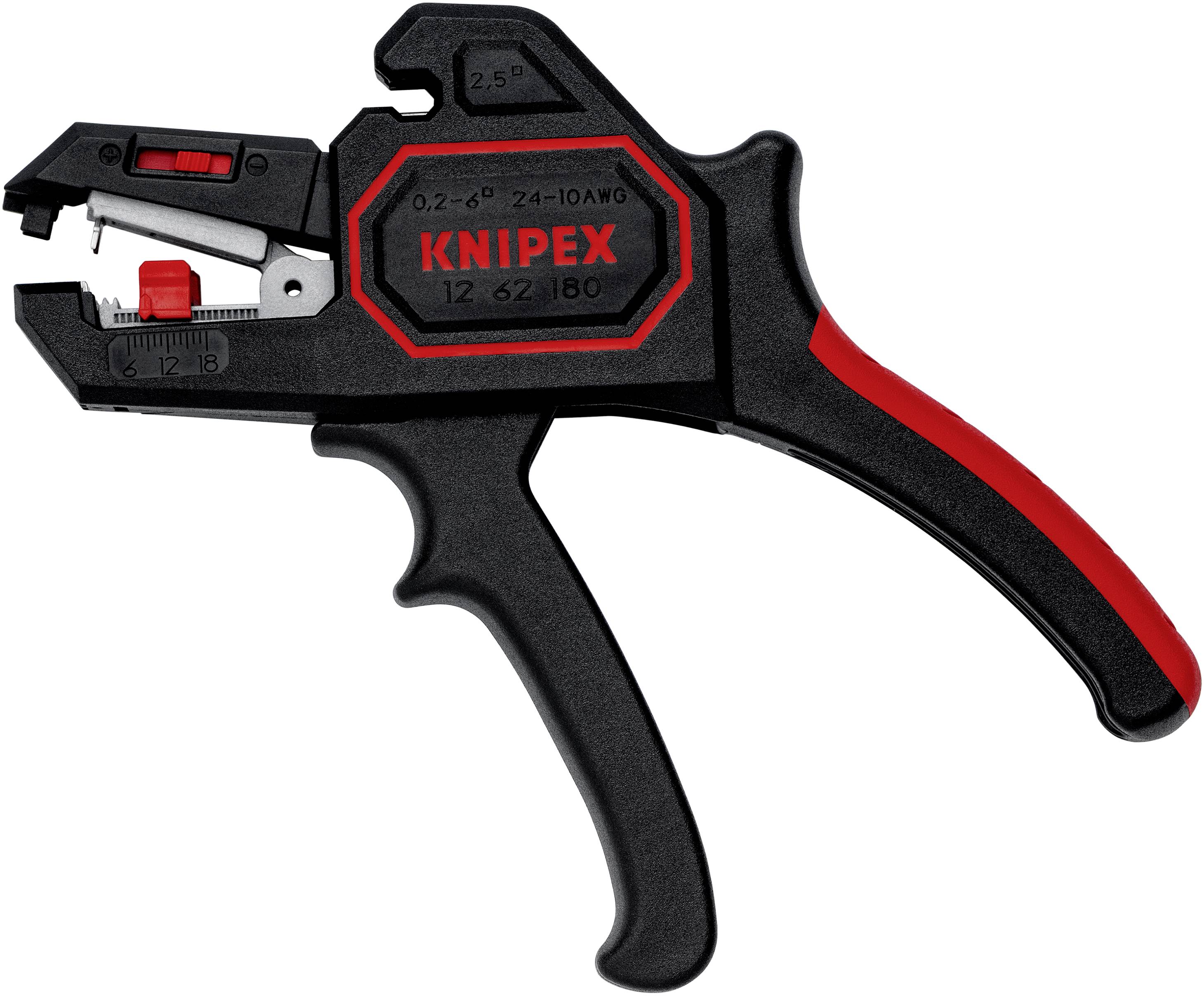 Pince à dénuder en plastique noir et rouge avec mécanismes de réglage et de dénudage, adaptée pour les câbles de 0,2 à 6 mm².