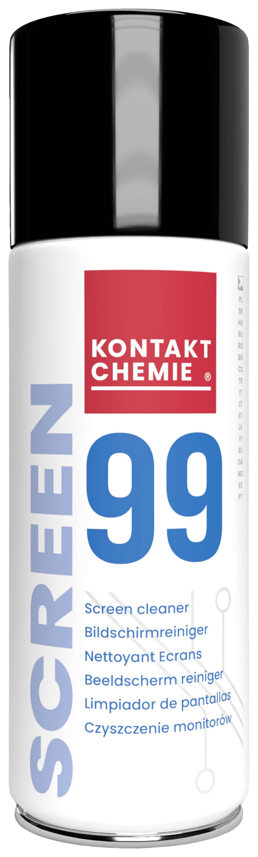 Une bombe aérosol portant l'inscription 'SCREEN 99 Kontakt Chemie', utilisée pour le nettoyage d'écrans et décrite dans plusieurs langues.