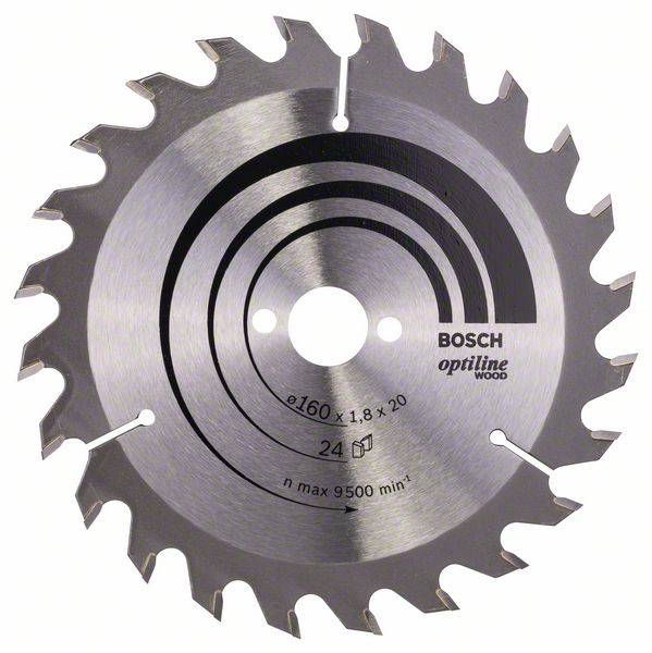 Lame de scie circulaire en métal avec dentures, adaptée aux travaux sur bois, marque Bosch, diamètre 160 mm, vitesse de rotation maximale 9500 tr/min.