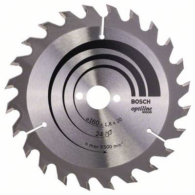 Lame de scie circulaire en métal avec dentures, adaptée aux travaux sur bois, marque Bosch, diamètre 160 mm, vitesse de rotation maximale 9500 tr/min.