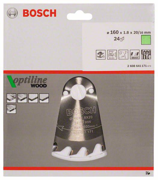 Emballage d'une boîte de lame de scie circulaire Bosch. Présente la lame de scie avec le marquage 'Optiline Wood', idéale pour les coupes de bois.