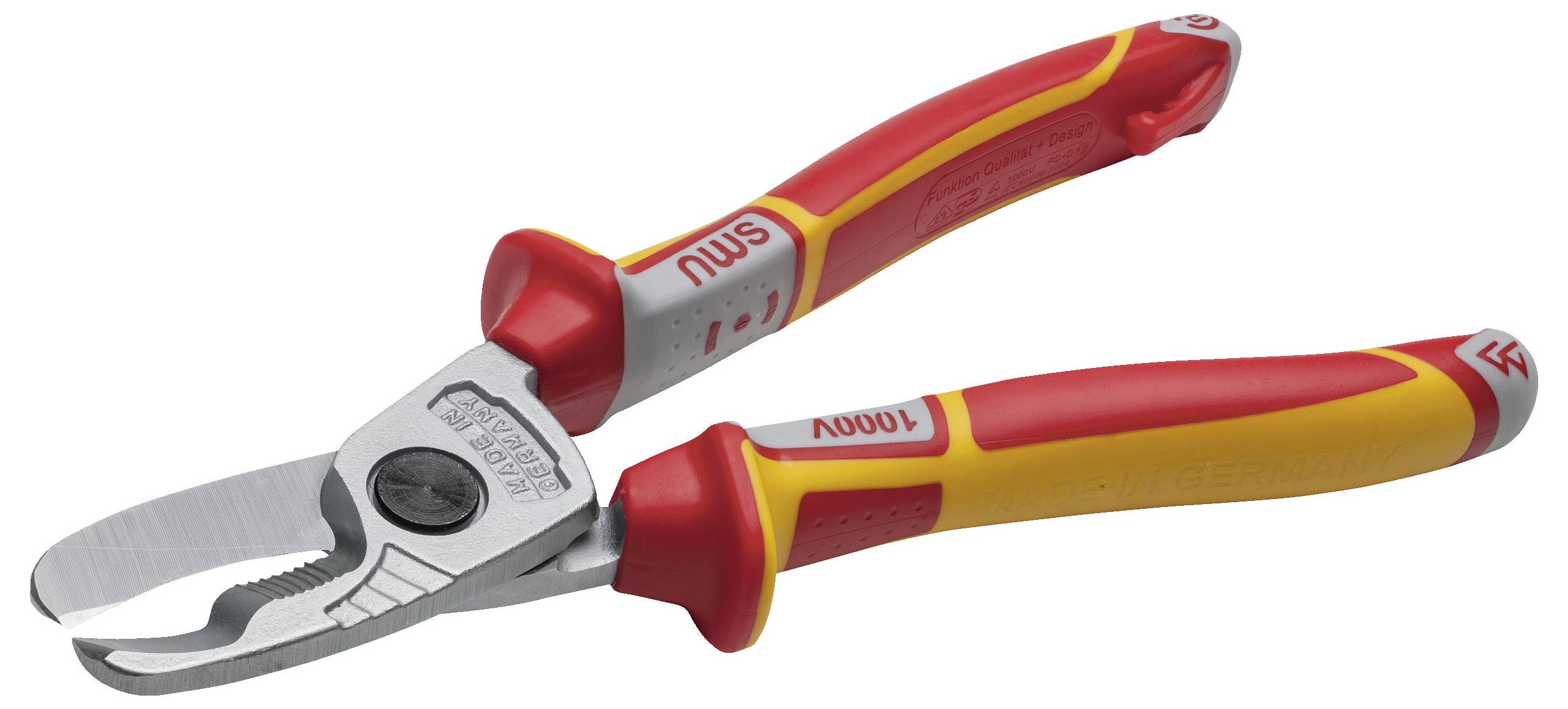Pinces isolées en rouge et jaune conçues pour les travaux électriques, dotées d'une longue poignée et d'une prise striée pour un contrôle et une sécurité améliorés.