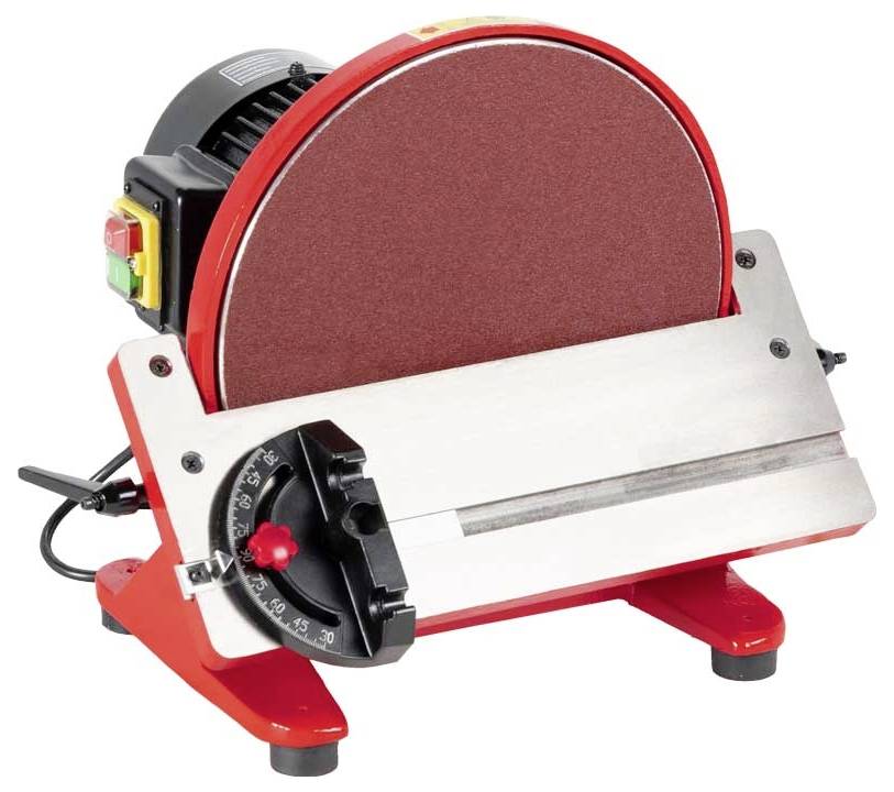 Ponceuse à bande de table rouge avec plateau de ponçage circulaire. Panneau de commande avec interrupteur marche/arrêt sur le côté gauche.