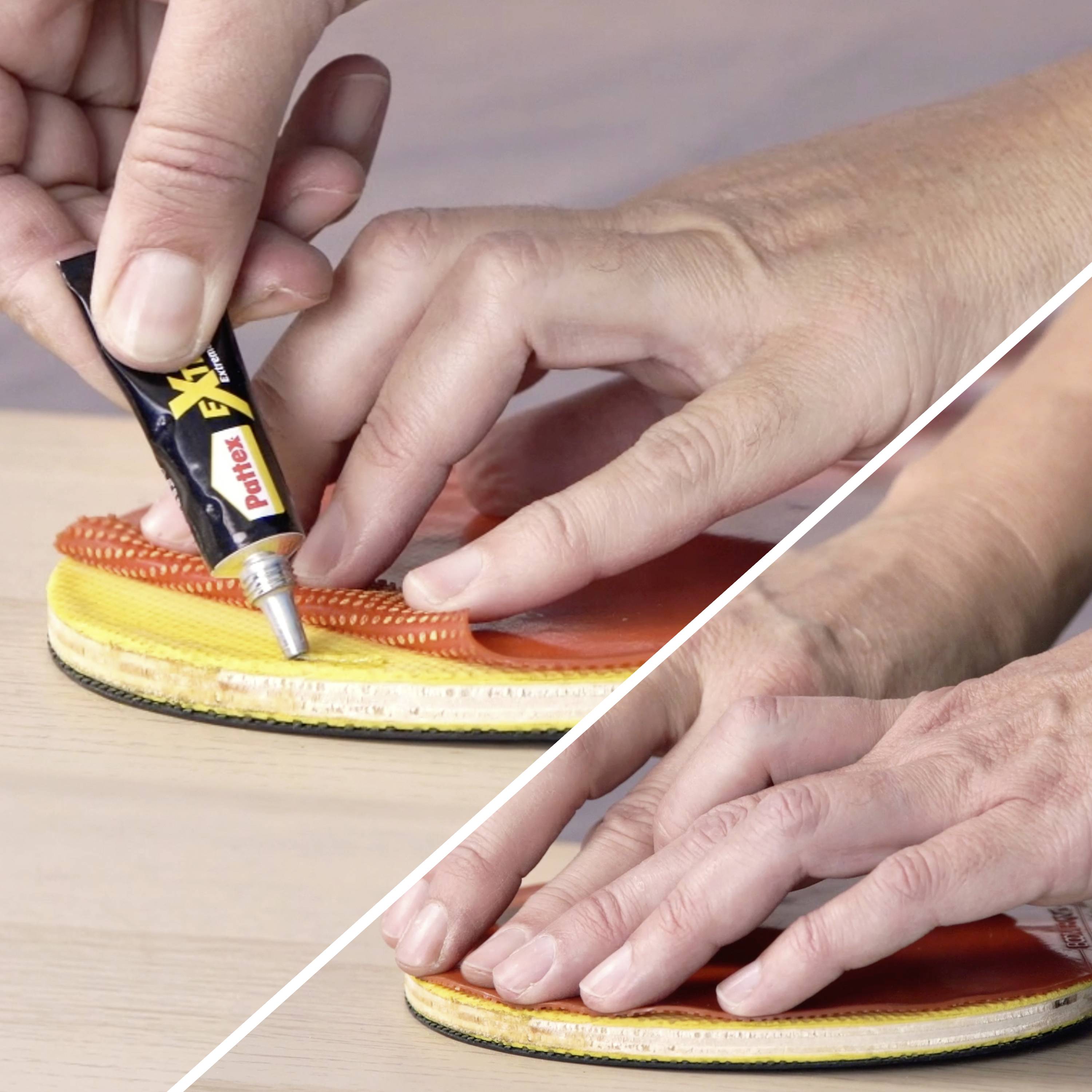 Une main appliquant de la colle sur le bord d'une semelle de chaussure, illustrant une étape de réparation détaillée.