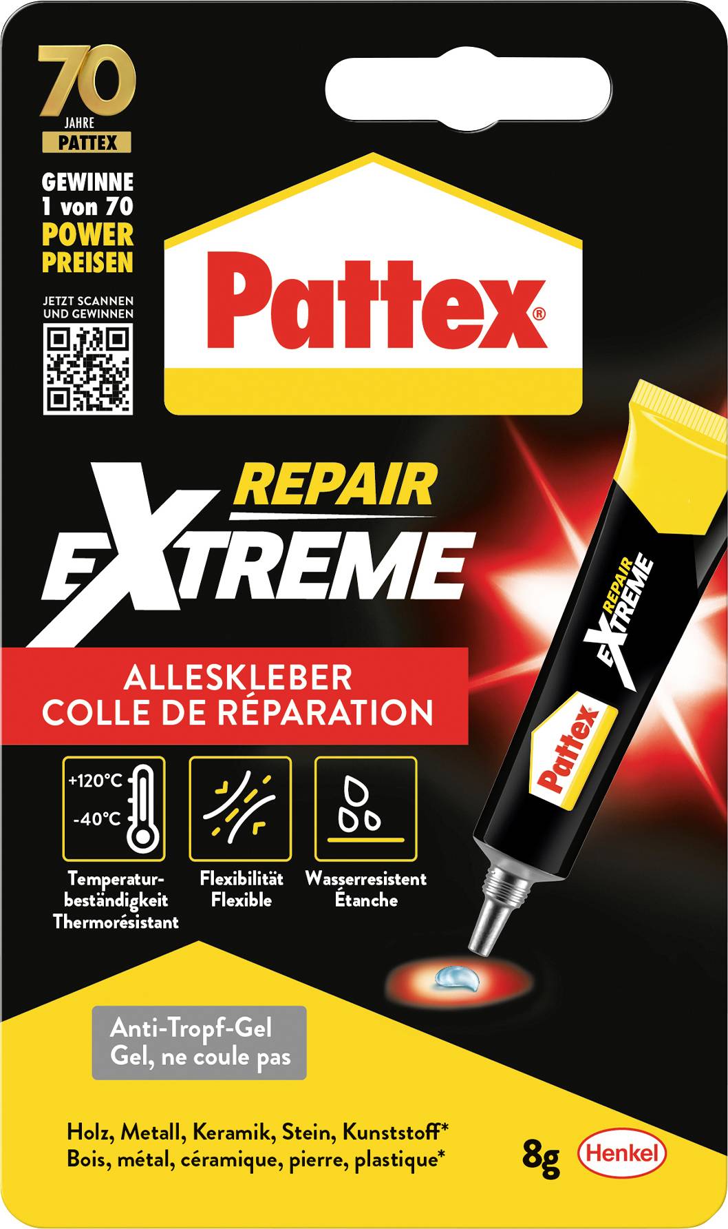 Emballage pour « Pattex Repair Extreme », un adhésif polyvalent. Présente les avantages du produit tels que la résistance à la température et la flexibilité.