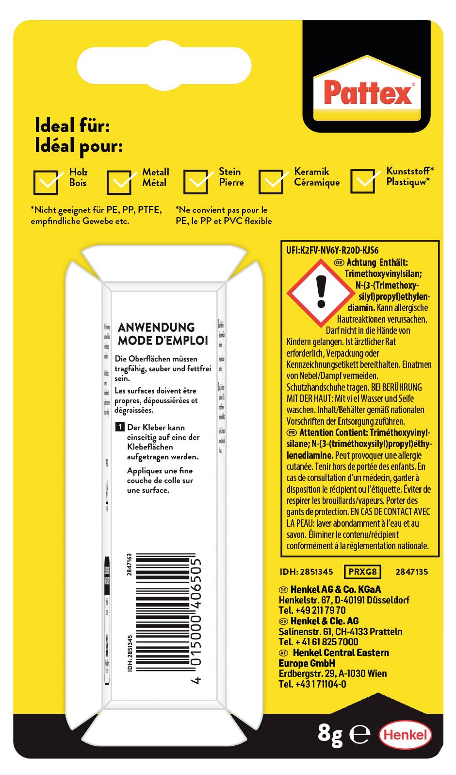 Emballage de la colle Pattex présentant les instructions d'utilisation, les matériaux pour lesquels elle est idéale et les avertissements de sécurité. Contient des informations sur le produit et l'entreprise.