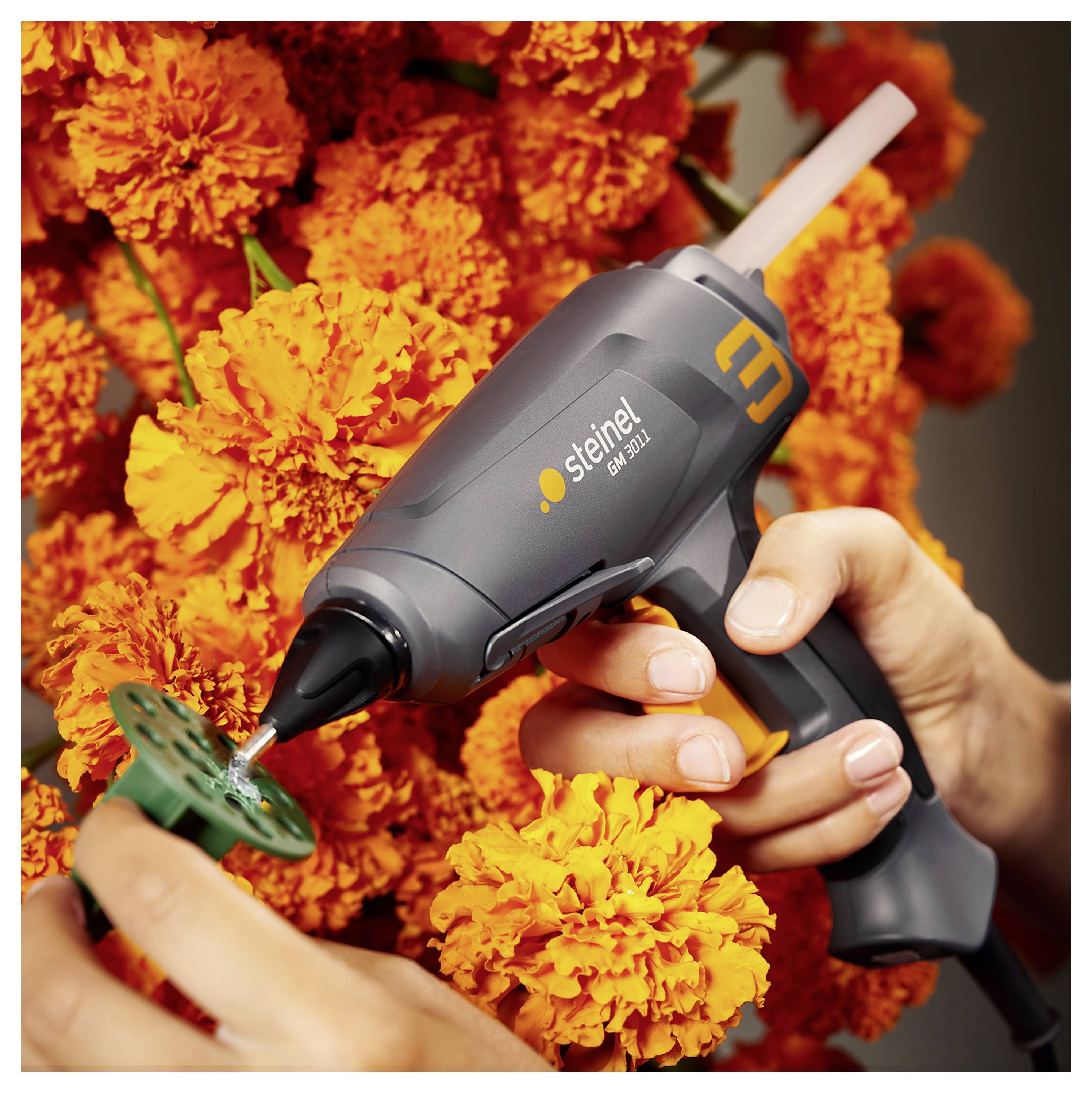 Main tenant un pistolet à colle Steinel pour attacher une pièce verte sur des fleurs de souci orange vif.