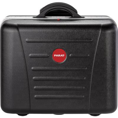 Coffret à outils noir, robuste, avec un logo rouge au centre. Poignée de transport en haut. Idéal pour le transport sécurisé des outils.