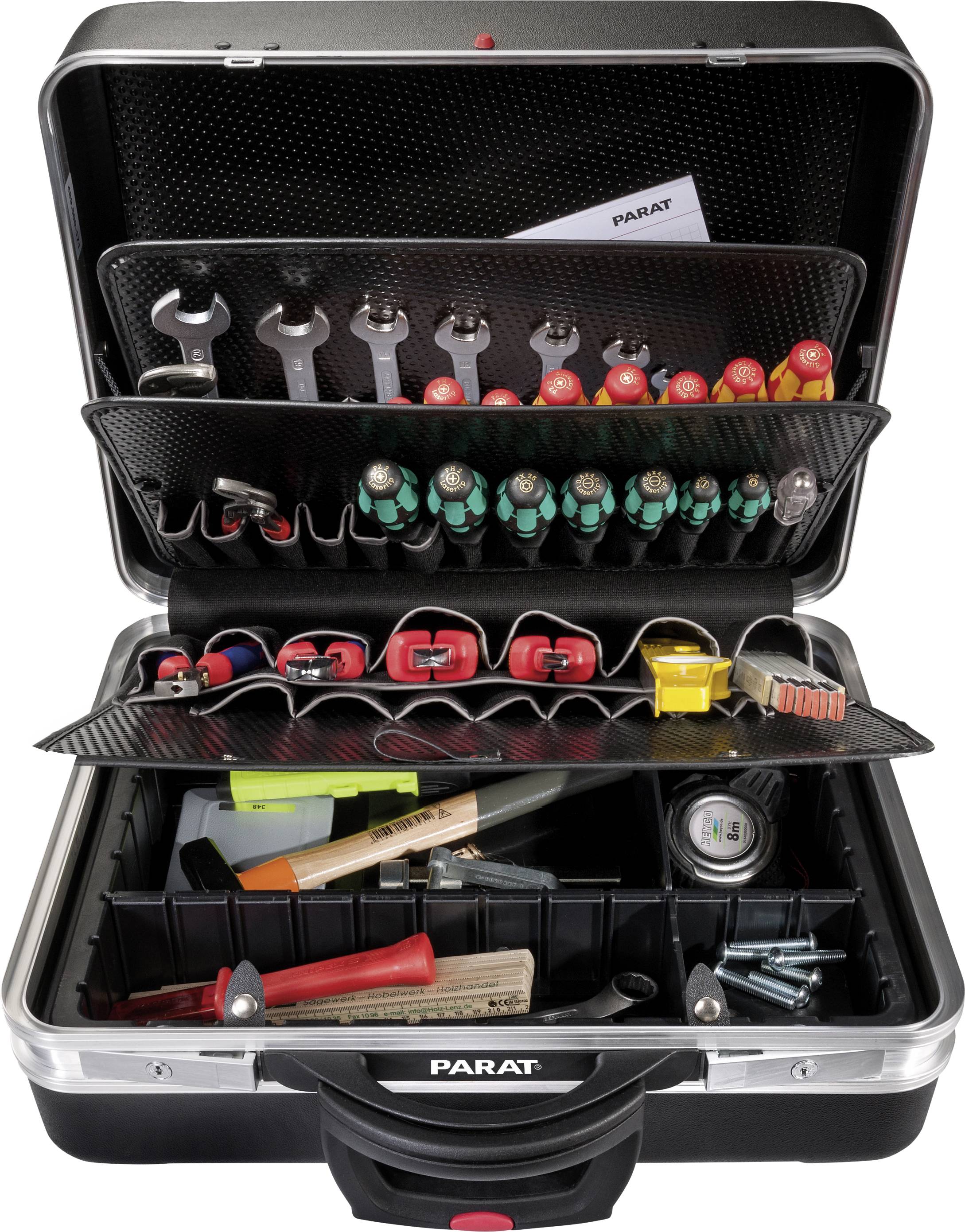 Une boîte à outils ouverte contenant divers outils, dont des tournevis, des clés à molette, un mètre ruban et des clous.