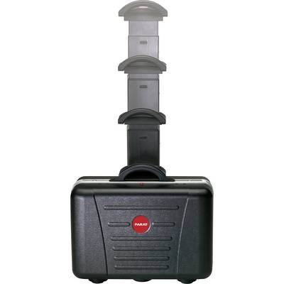 Mallette à outils noire avec logo rouge, poignée télescopique déployée, adaptée au transport sécurisé des outils.