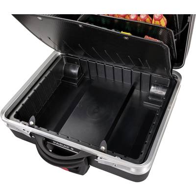 Une boîte à outils ouverte avec un compartiment vide au premier plan et un compartiment rempli de tournevis à l'arrière-plan.