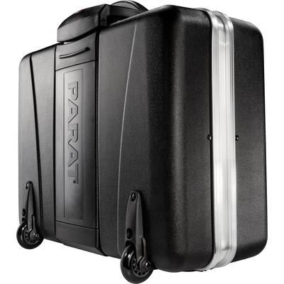 Valise rigide noire à quatre roues et poignée robuste. Nom de marque 'PARAT' gravé sur le côté. Idéale pour le transport sécurisé des outils.