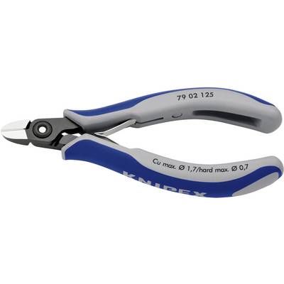Pince coupante latérale avec poignées bleues et grises, marquée 'Cu max. Ø 1,7/hard max. Ø 0,7', adaptée pour la coupe précise de fils.