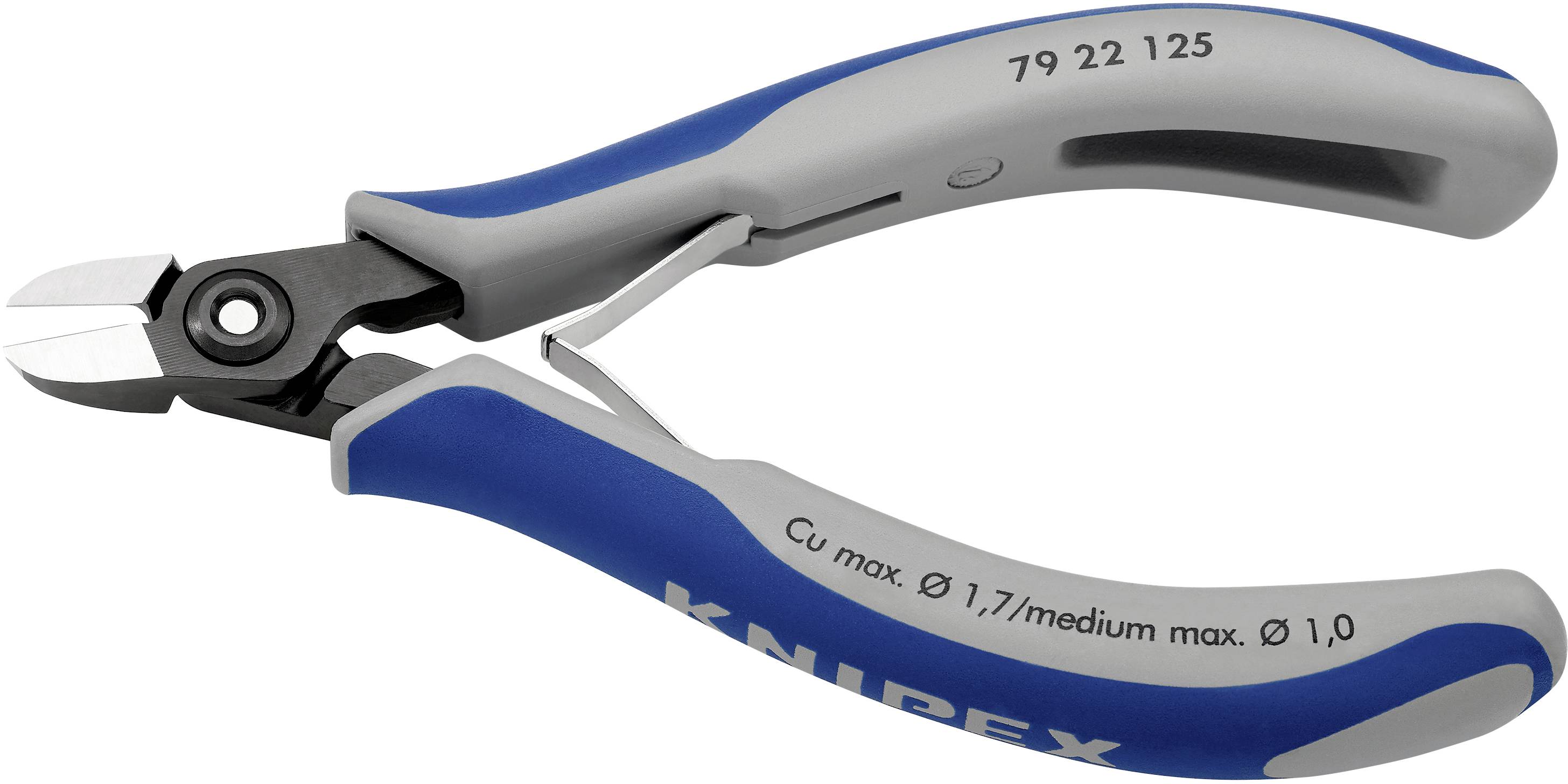 Coupe-câbles bleu et gris avec l'inscription 'Cu max. Ø 1,7/moyen max. Ø 1,0', adapté pour couper des fils et des câbles.