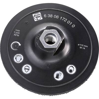 'Disque abrasif rond avec symboles de protection pour l'ouïe, les yeux, la respiration et les mains. Max 7500 tr/min. Ø 115 mm.'