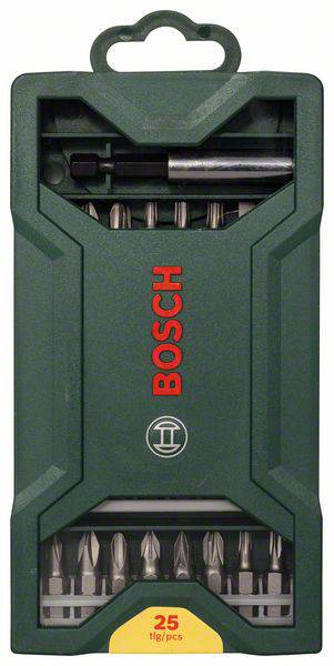 Coffret de forets Bosch, 25 pièces, dans un étui vert avec fenêtre transparente. Comprend différents embouts de forage pour des applications polyvalentes.
