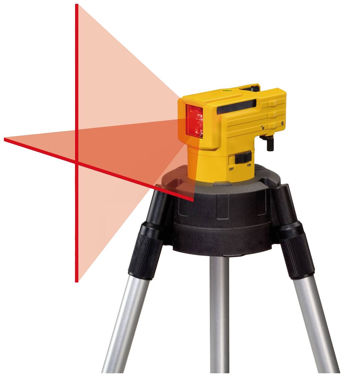 Un laser à lignes croisées jaune monté sur trépied projette des lignes horizontales et verticales rouges sur une surface.